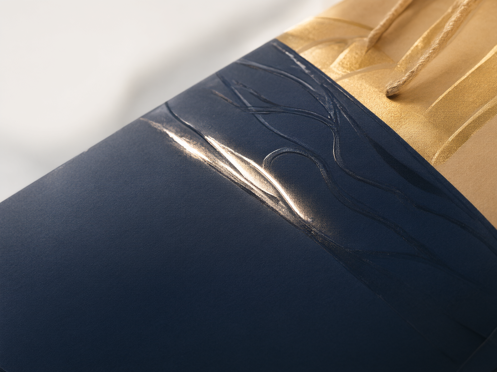 Close-up detail of matte lamination, spot UV gloss, and gold hot-foil stamping on a premium paper bag surface