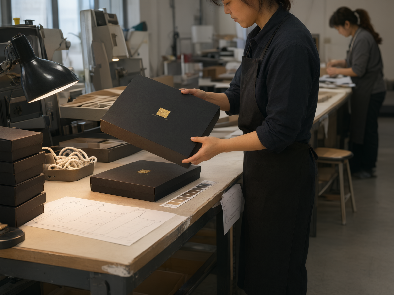 A quality operator comparing a finished rigid box against the approved sample at the wrapping bench