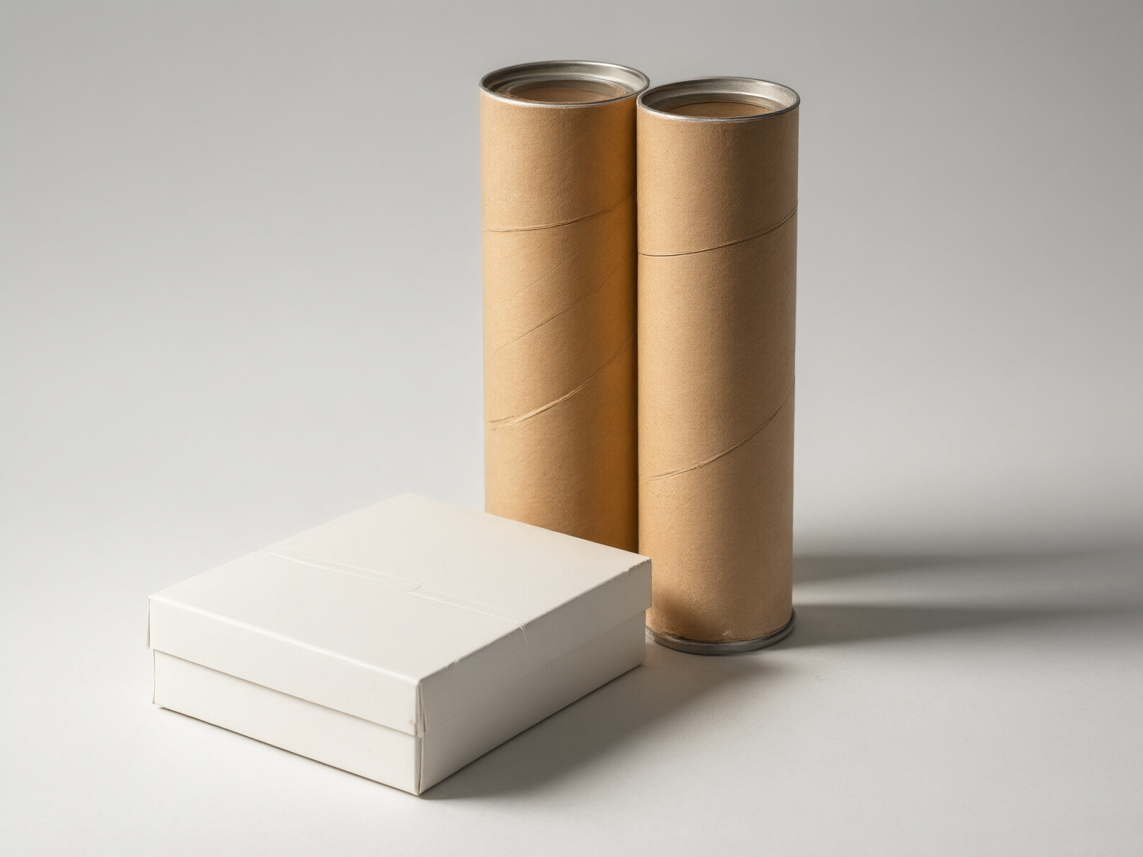 Kraft paper boxes paired with cylindrical paper tubes as a cohesive recyclable set