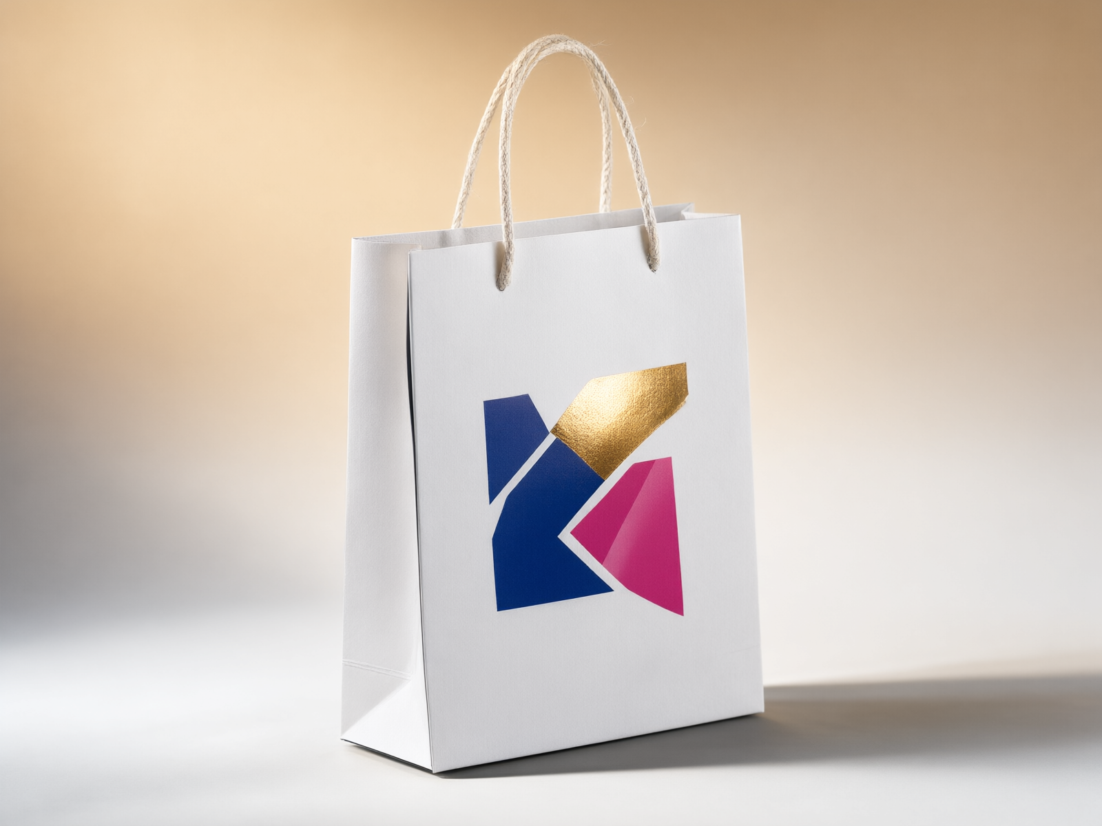 Premium white art paper bag three-quarter angle showing crisp multicolor CMYK print with metallic gold spot detail
