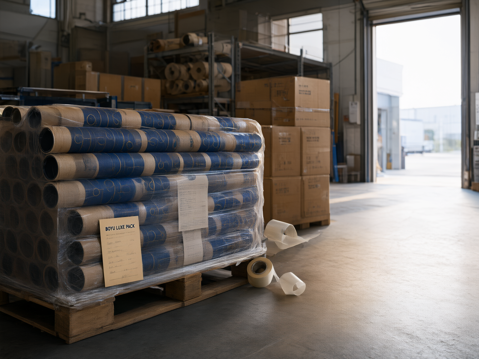 Finished printed tubes palletized by the open bay door for dispatch