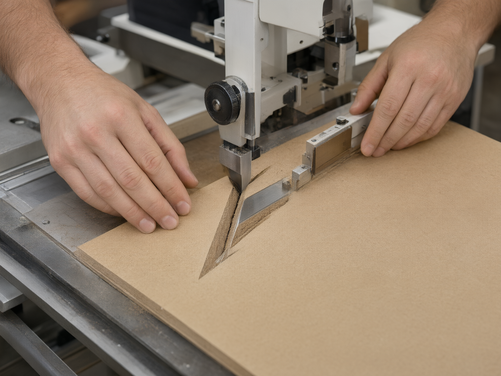 Precision V-grooving cutting tool creating channel in chipboard