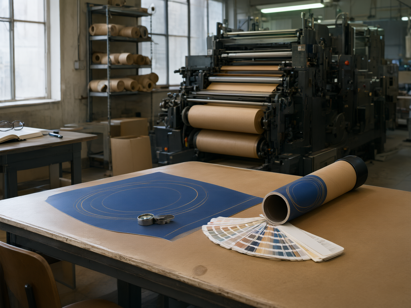 A printed wrap sheet under a fanned color-chip deck by the press