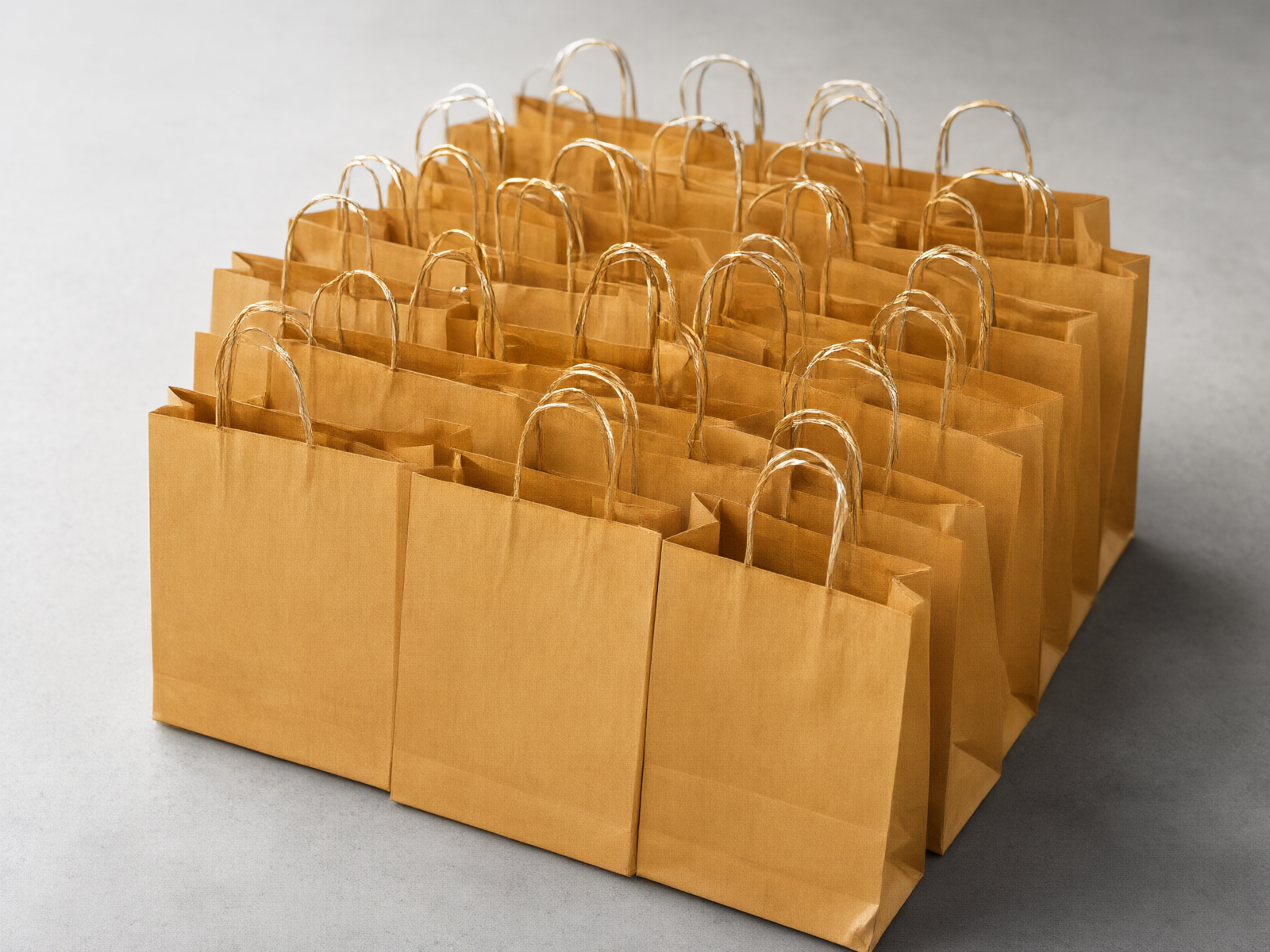 A production run of identical kraft paper bags fanned in rows, showing volume consistency