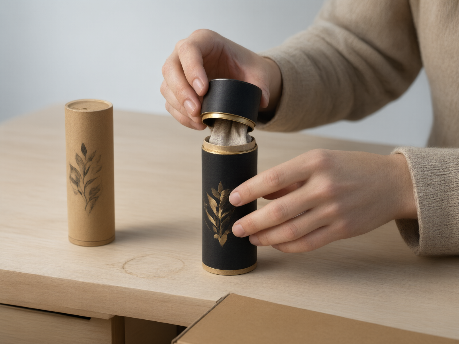 Hands lifting the lid from a luxury paper tube during unboxing
