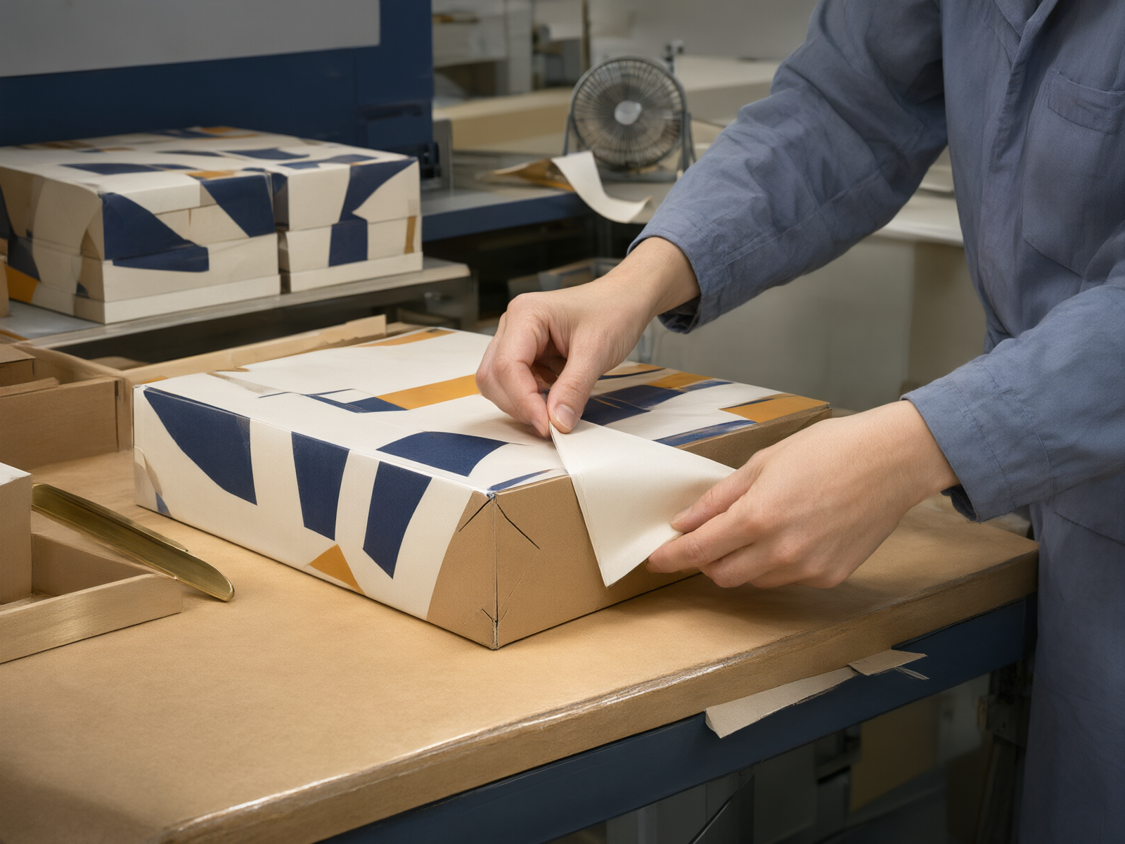 Hands pulling printed cover paper around the edge of a grooved chipboard box core at the wrapping bench