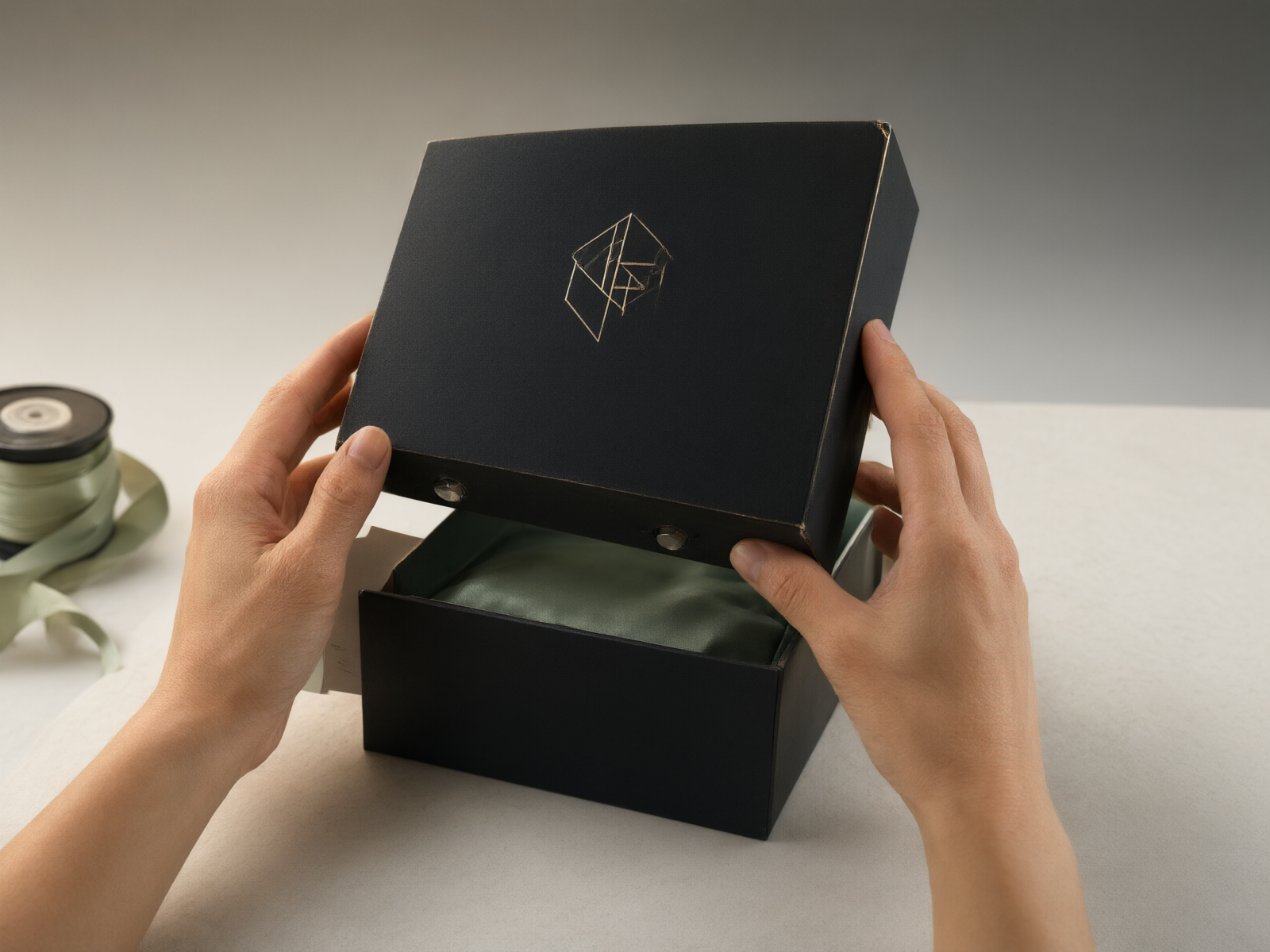 Hands in the middle of lifting a magnetic-closure gift box lid, revealing the recessed neodymium magnets embedded inside the wall of the lid