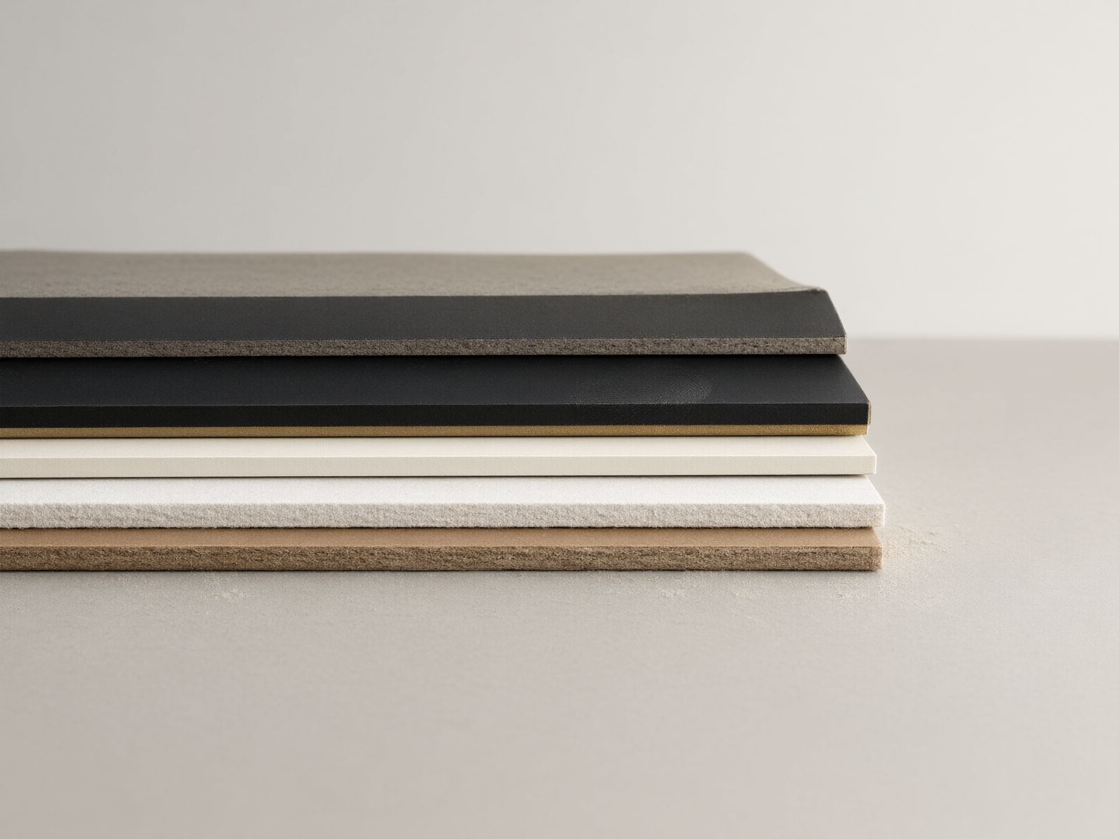 Five rectangular paper board swatch samples stacked edge-on showing paper weight and finish differences
