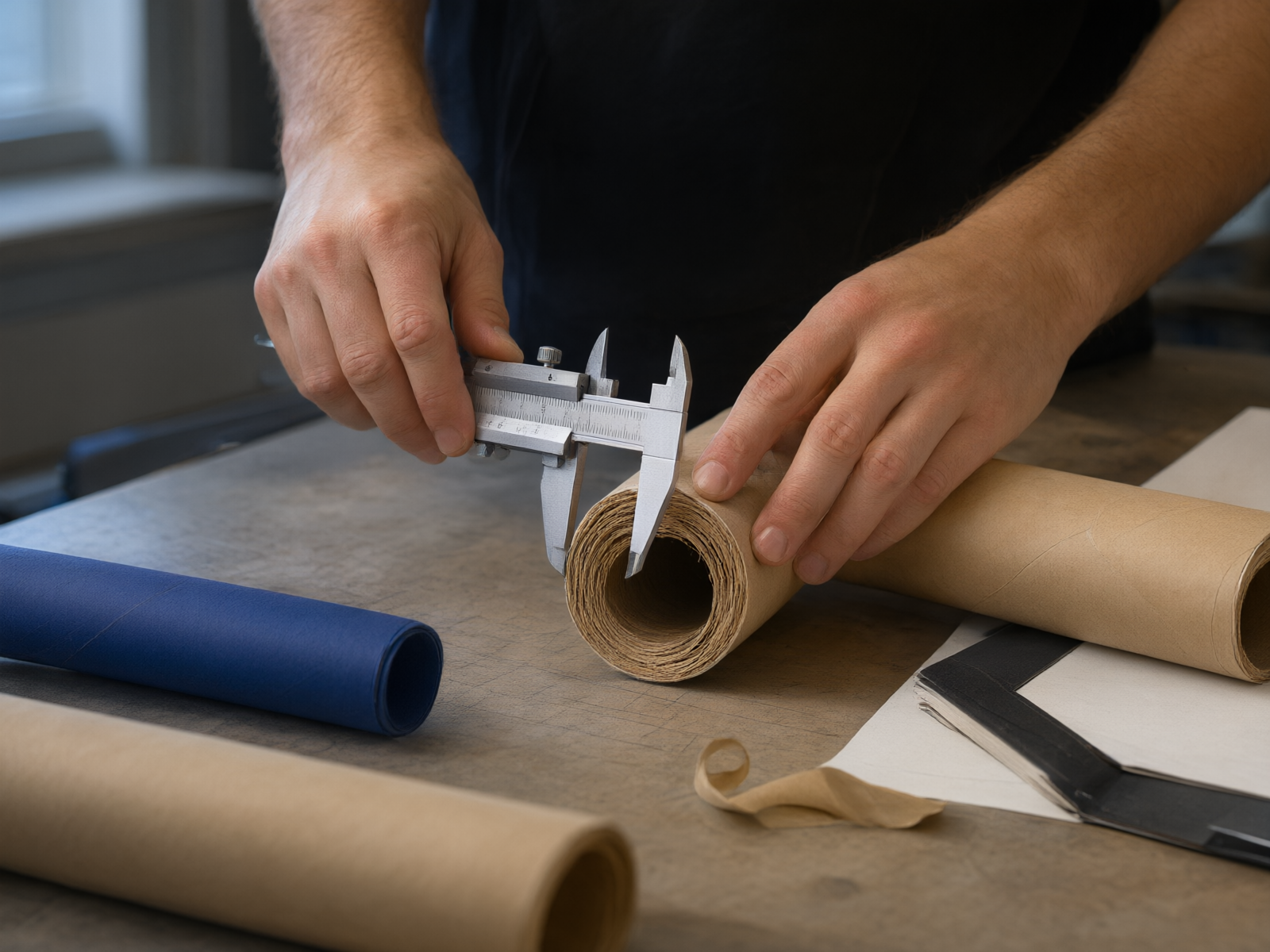 Hands measuring a custom paper tube diameter with a table caliper, spiral-wound tube wall visible