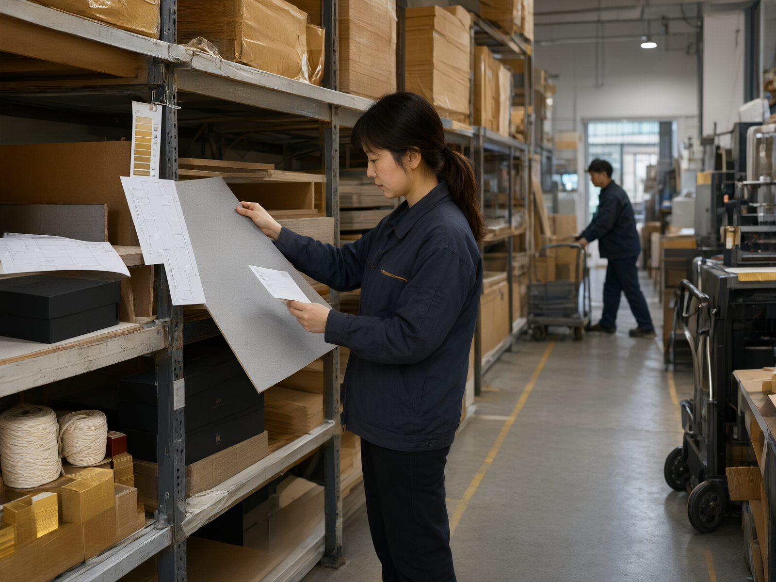 A stock controller checking a chipboard sheet against the specification card in the material store