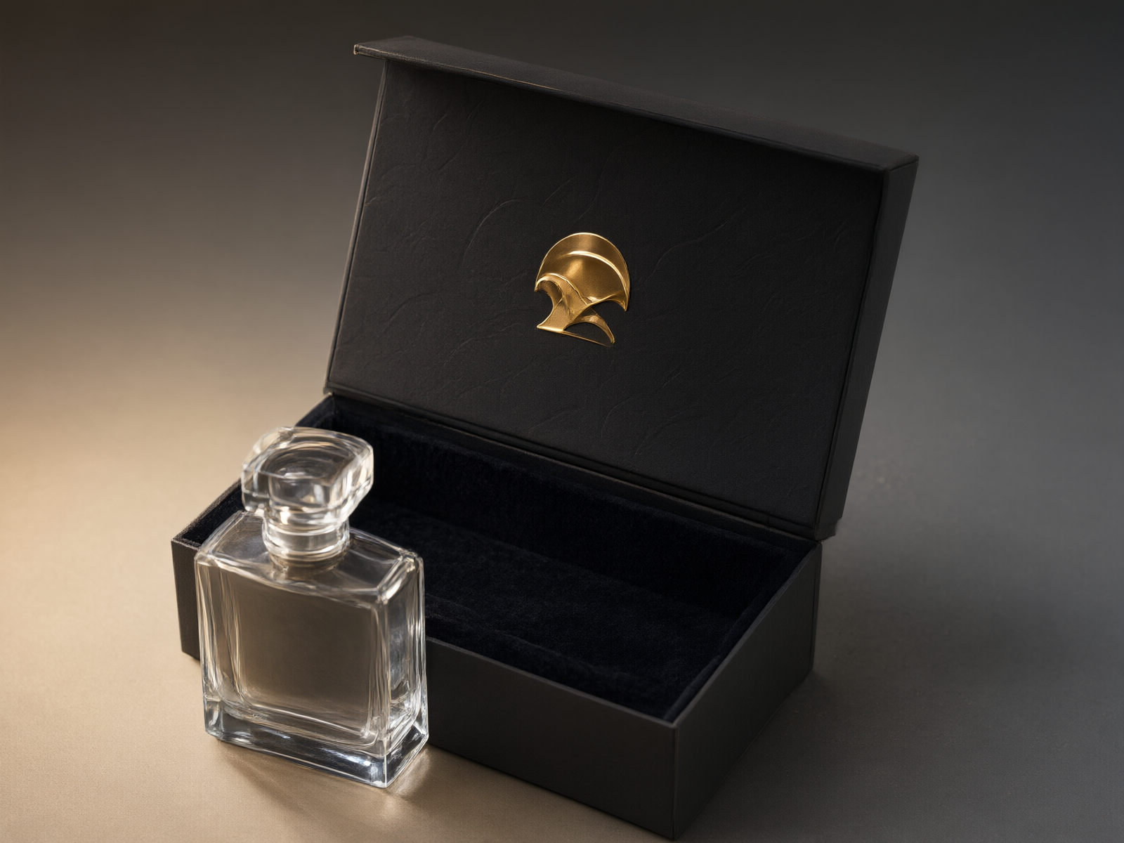 The rigid box open, showing the velvet interior and the gold emblem with raised Scodix enhancement on the lid