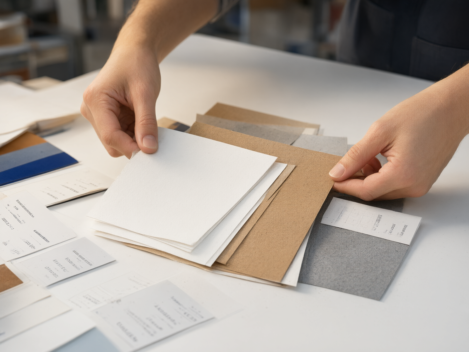 Hands examining various paper material samples including art paper, kraft paper, and chipboard on a clean work surface