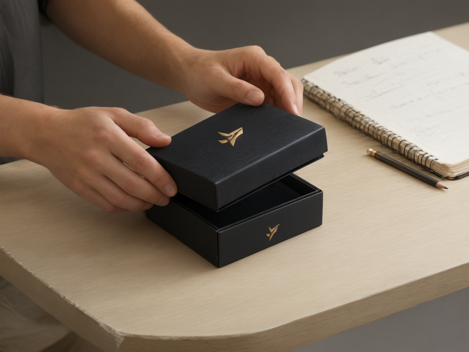 A buyer’s hands lifting the magnetic lid of a production-intent sample box during evaluation