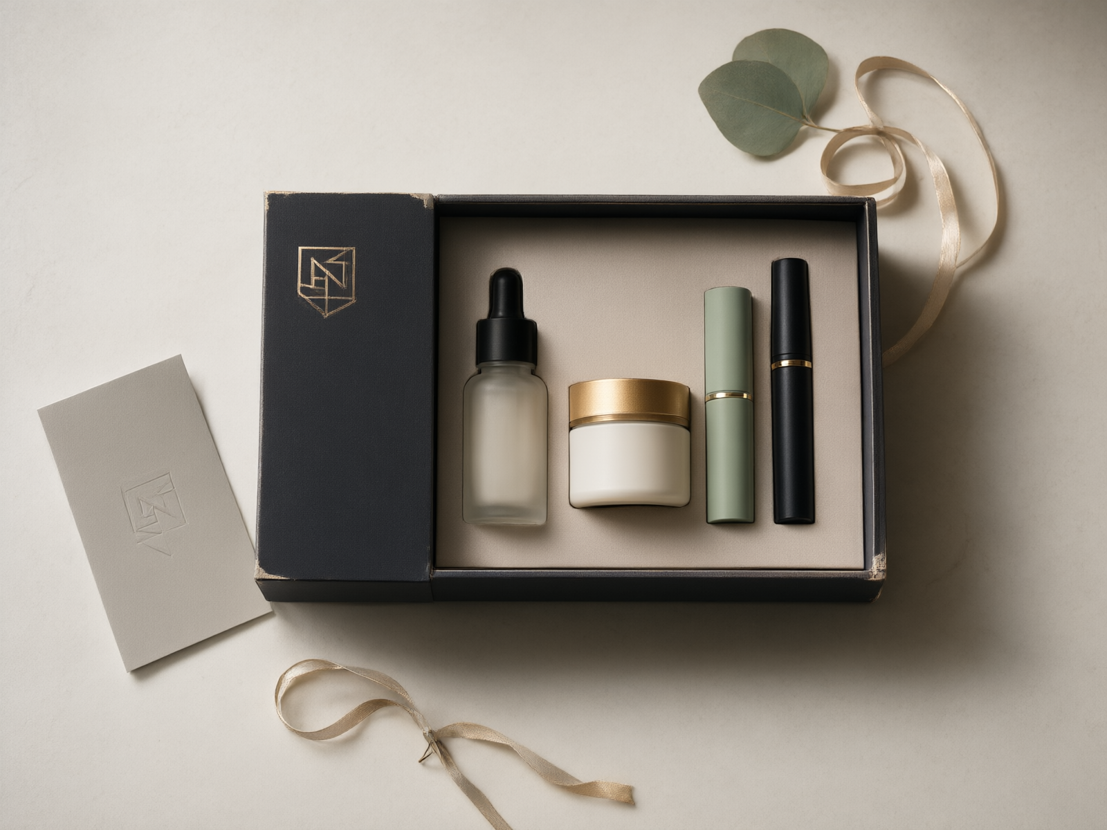An overhead flatlay of a full skincare gift set arranged on a warm stone surface: a rigid box with a paperboard insert holding a serum, cream jar, lip balm, and mascara, a coiled satin ribbon and a single eucalyptus leaf to the side.