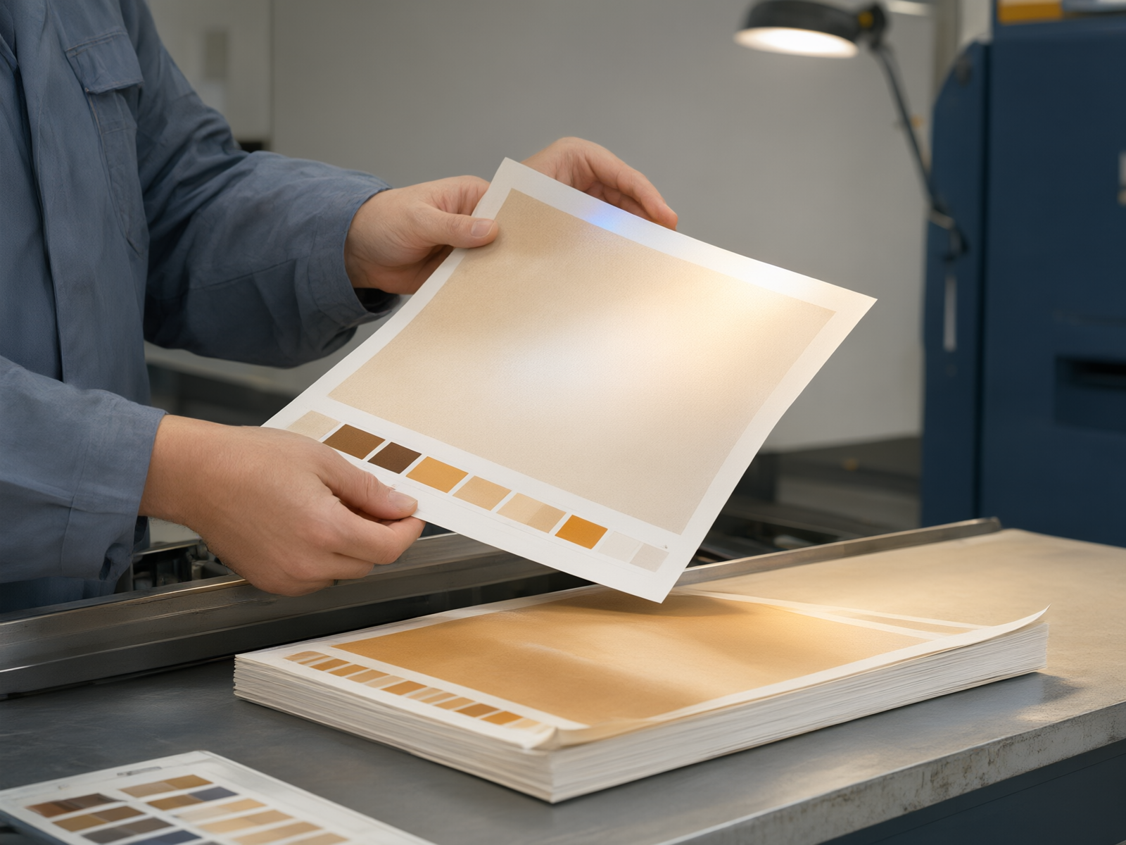 An operator's hands lifting a freshly printed sheet against the color standard at the press side
