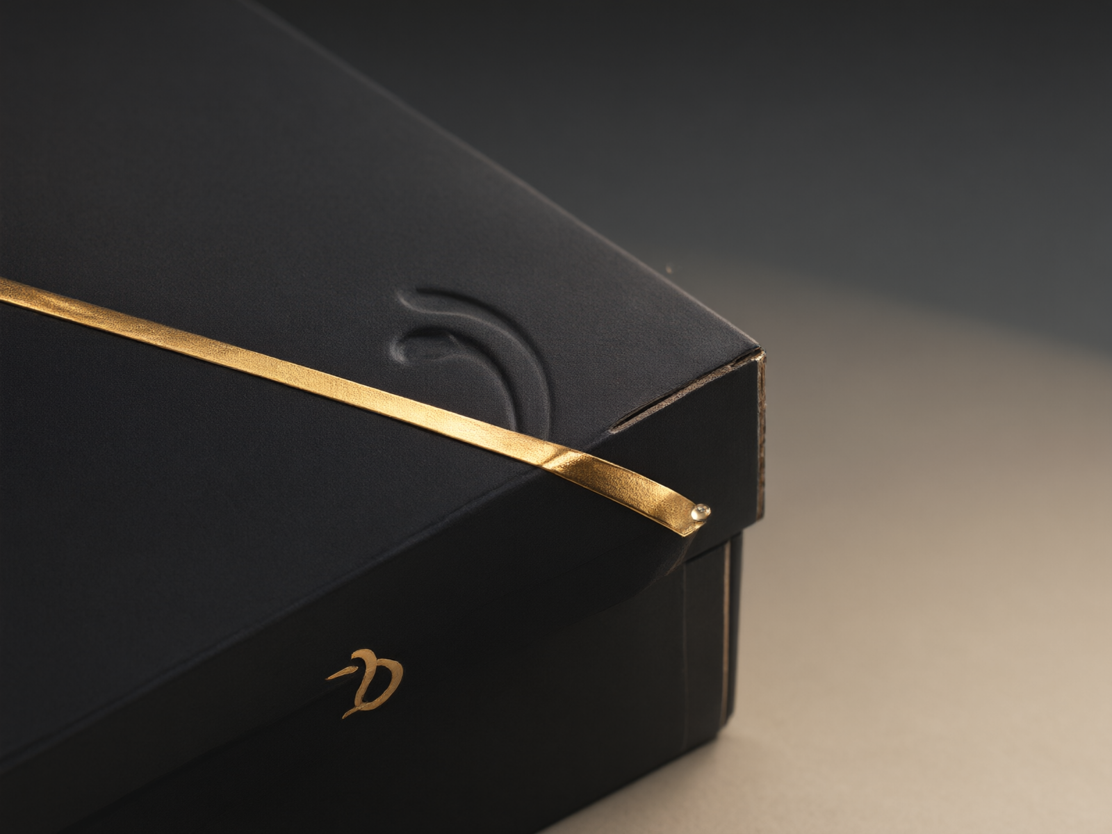 Macro view of soft-touch matte laminate meeting a gold foil band and embossed relief