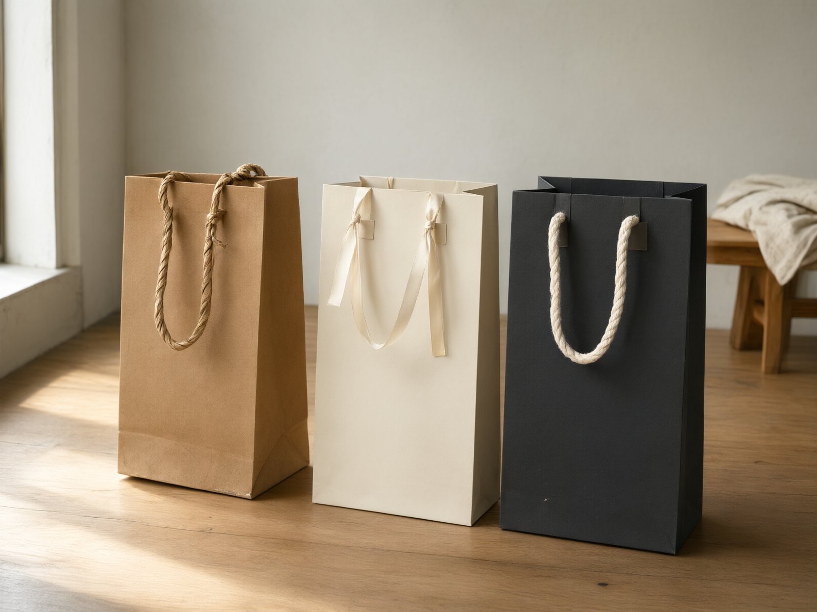 Three boutique shopping bags showing twisted paper, satin ribbon, and cotton rope handle types side by side