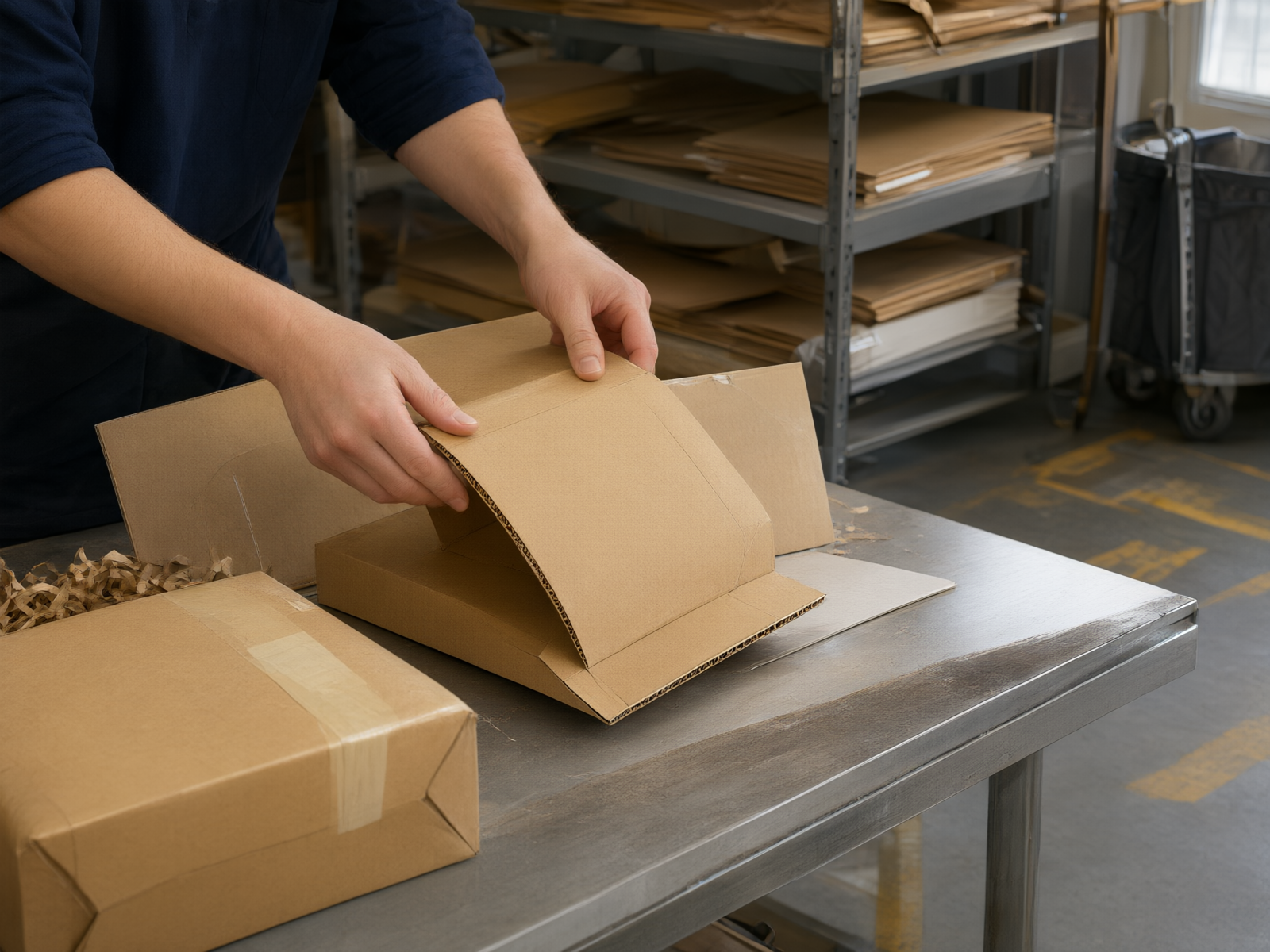 Packer’s hands snapping a pre-glued mailer box into shape at a fulfilment bench