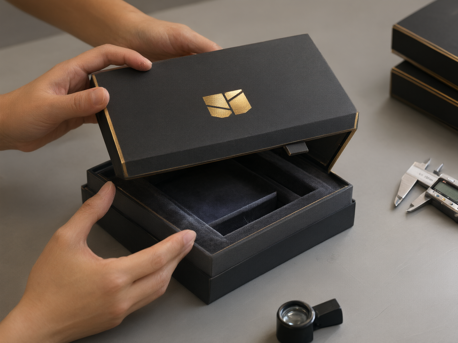 Hands lifting the lid of a matte-black rigid gift box with gold foil edges during sample inspection