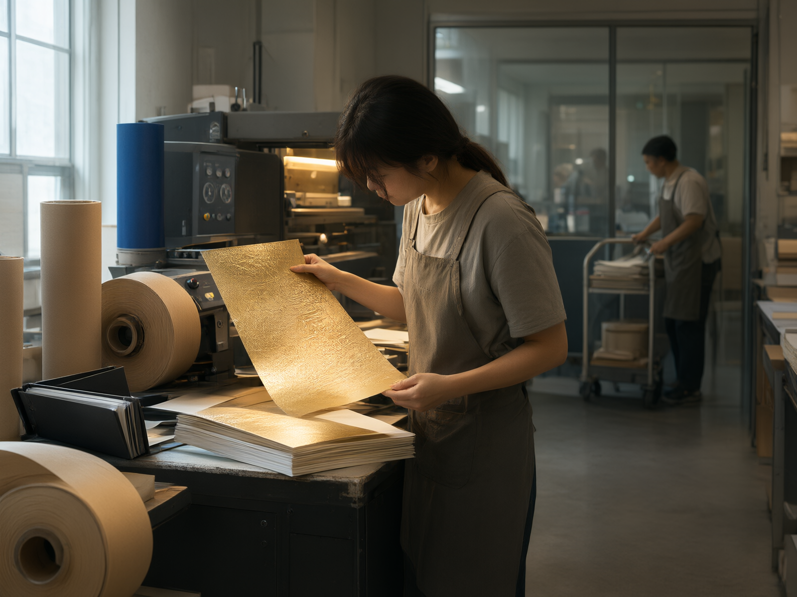 Print specialist checking a gold-foil-embossed wrap sheet beside a hot-foil machine