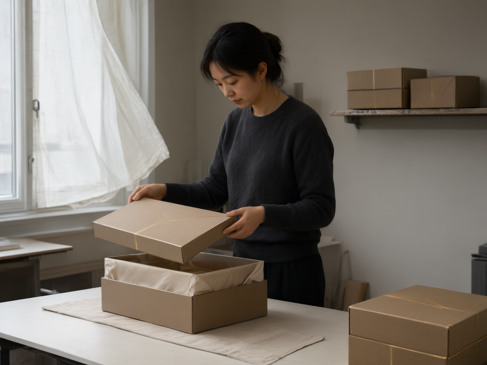 Studio worker lifting the lid off a foil-accented rigid gift box with satin lining