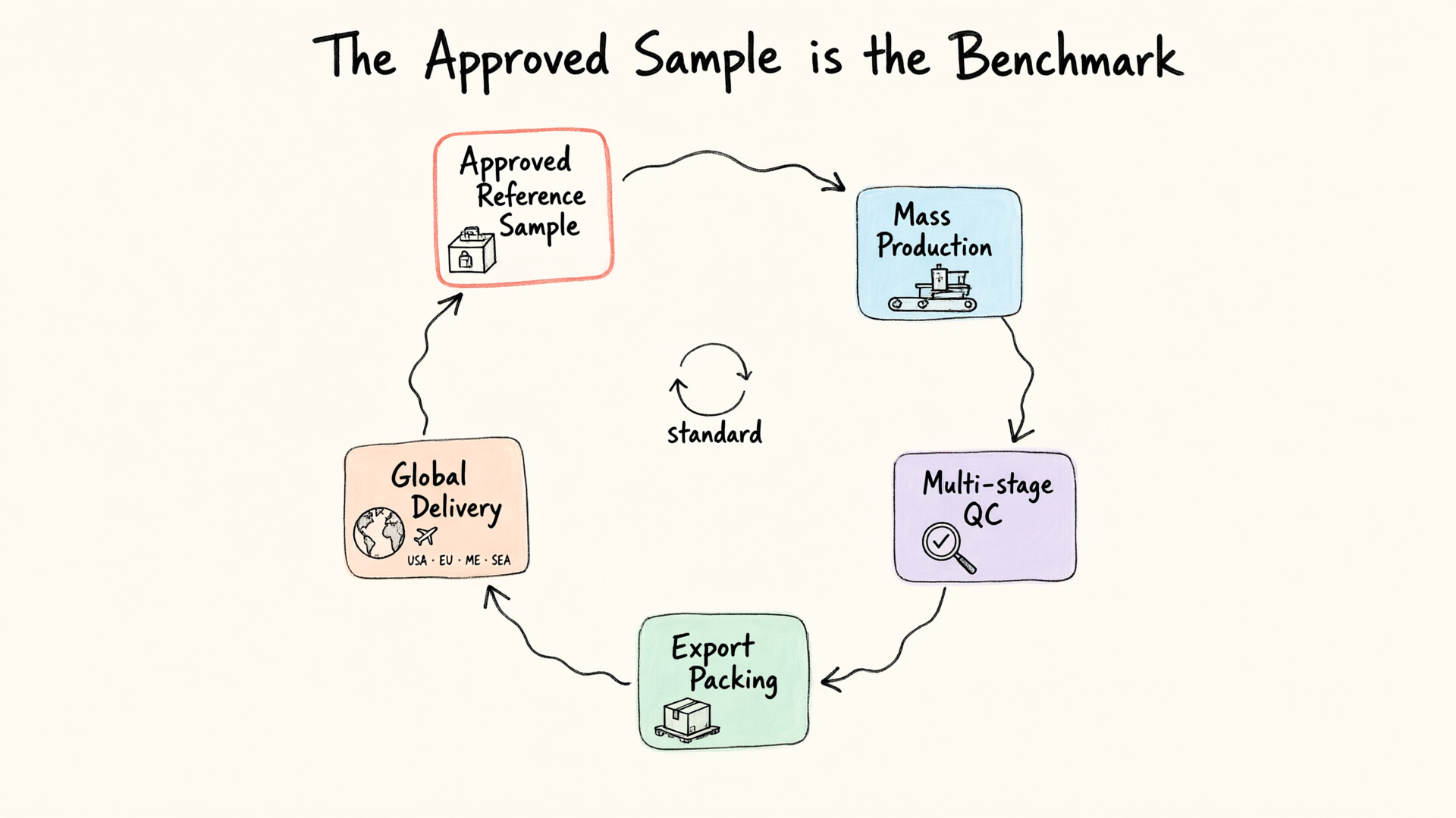 The approved reference sample is the benchmark: production, multi-stage QC, export packing, and global delivery all loop back to it