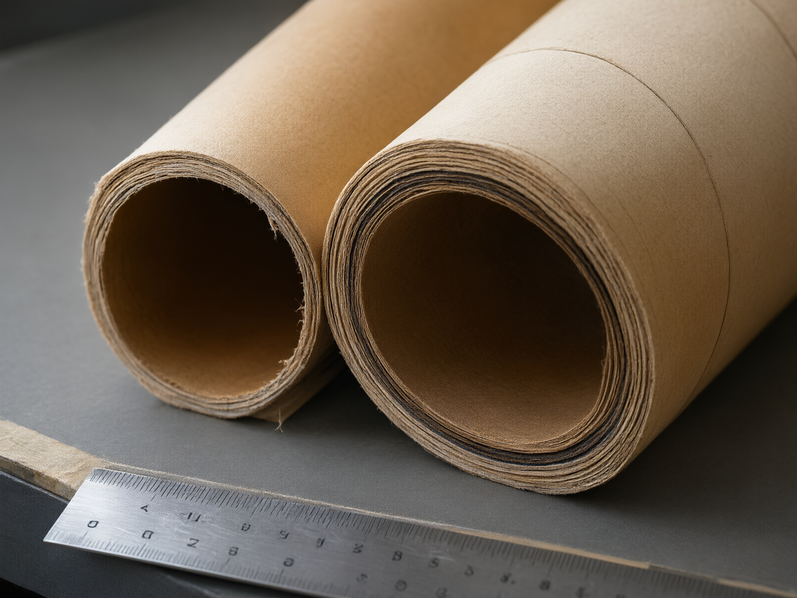 Macro view of bonded paperboard plies in a cut tube wall beside a steel rule