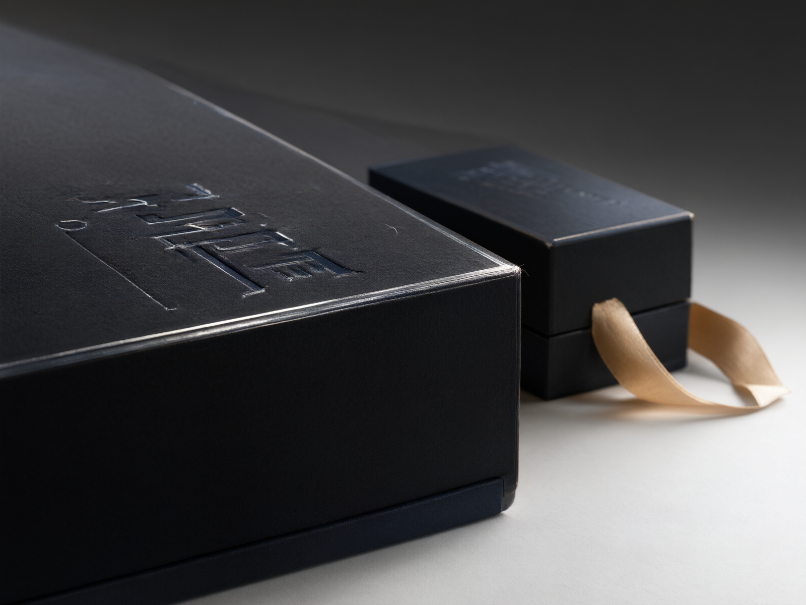 Macro grazing view of a silver-hot-stamped corner with debossed paper detail and a closed presentation case beside it