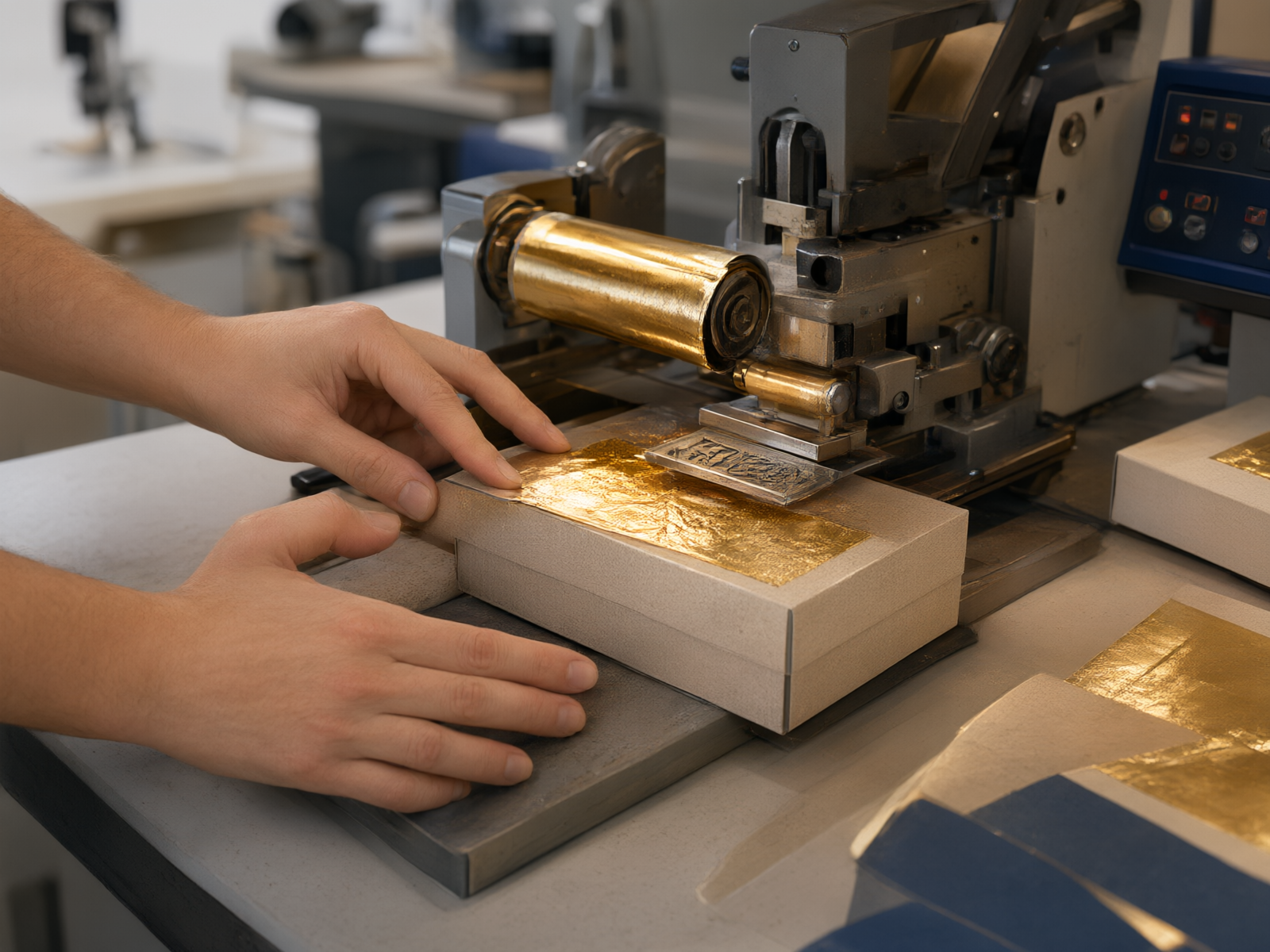Hands guiding a luxury box through hot foil stamping process with gold foil being applied with precision