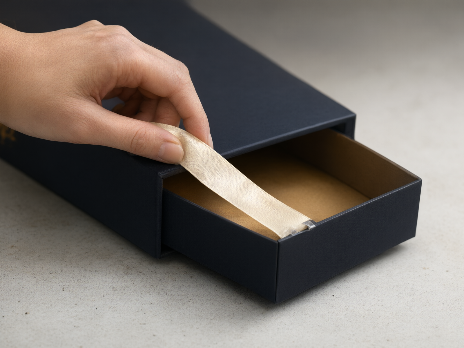 A hand using an ivory satin ribbon pull to slide open the inner tray of a matte black drawer box