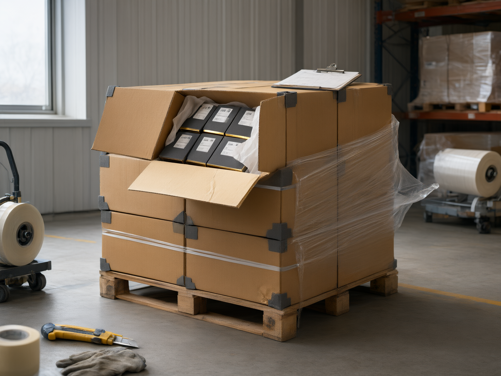 Export-ready pallet of corrugated cartons with corner protectors and shrink wrap, staged in a warehouse loading area