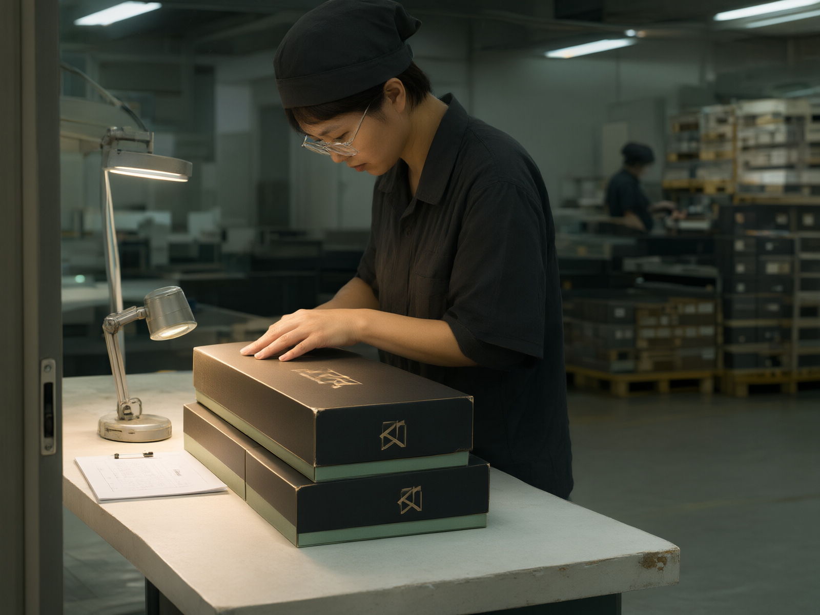 A packaging quality-inspection scene in a Shenzhen factory finishing room: a worker in a charcoal shirt leaning over a stack of finished cosmetic gift boxes, hand sliding across the surface to read the finish, a magnifier lamp and printed spec sheet on the bench, a distant worker silhouette behind a pallet of inventory.