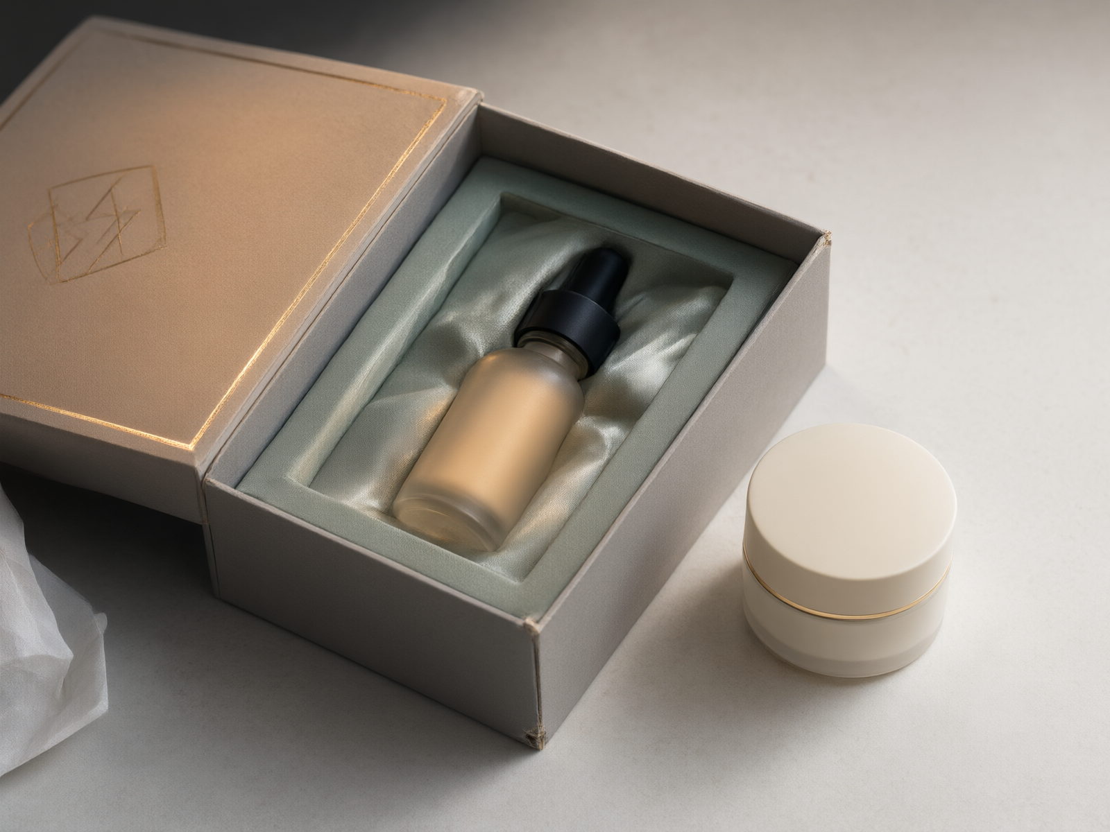 A rigid gift box lying open with a satin-lined cavity holding a frosted serum bottle, a matching cream jar resting on the surface beside it