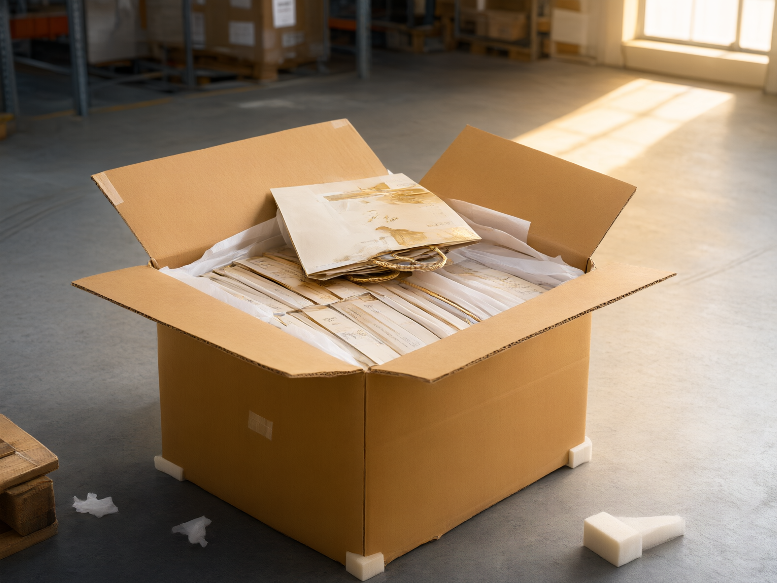 Custom paper bags neatly packed in export-grade corrugated cartons, ready for global shipping