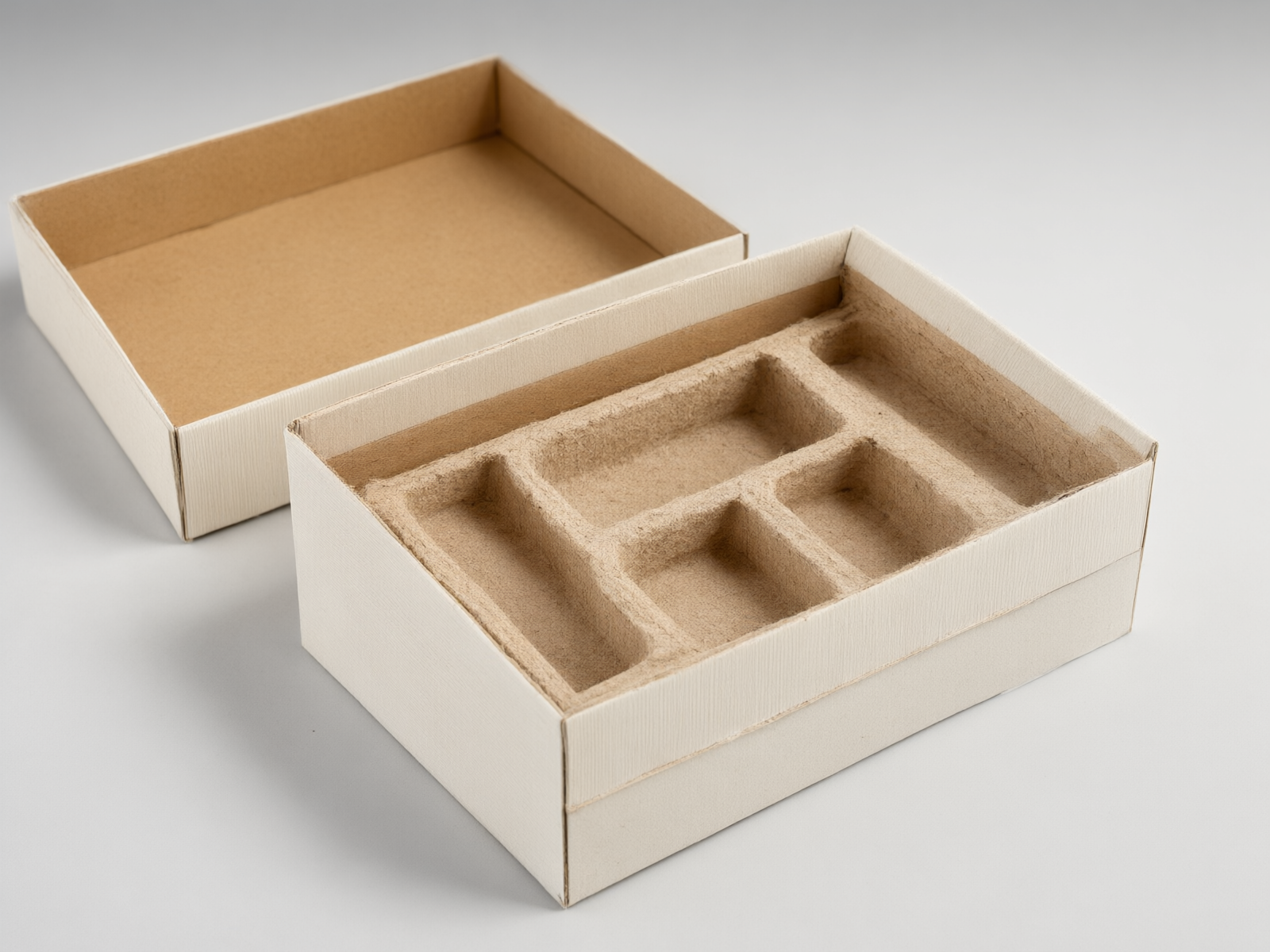 Opening a rigid paper box with a molded-pulp single-fiber insert