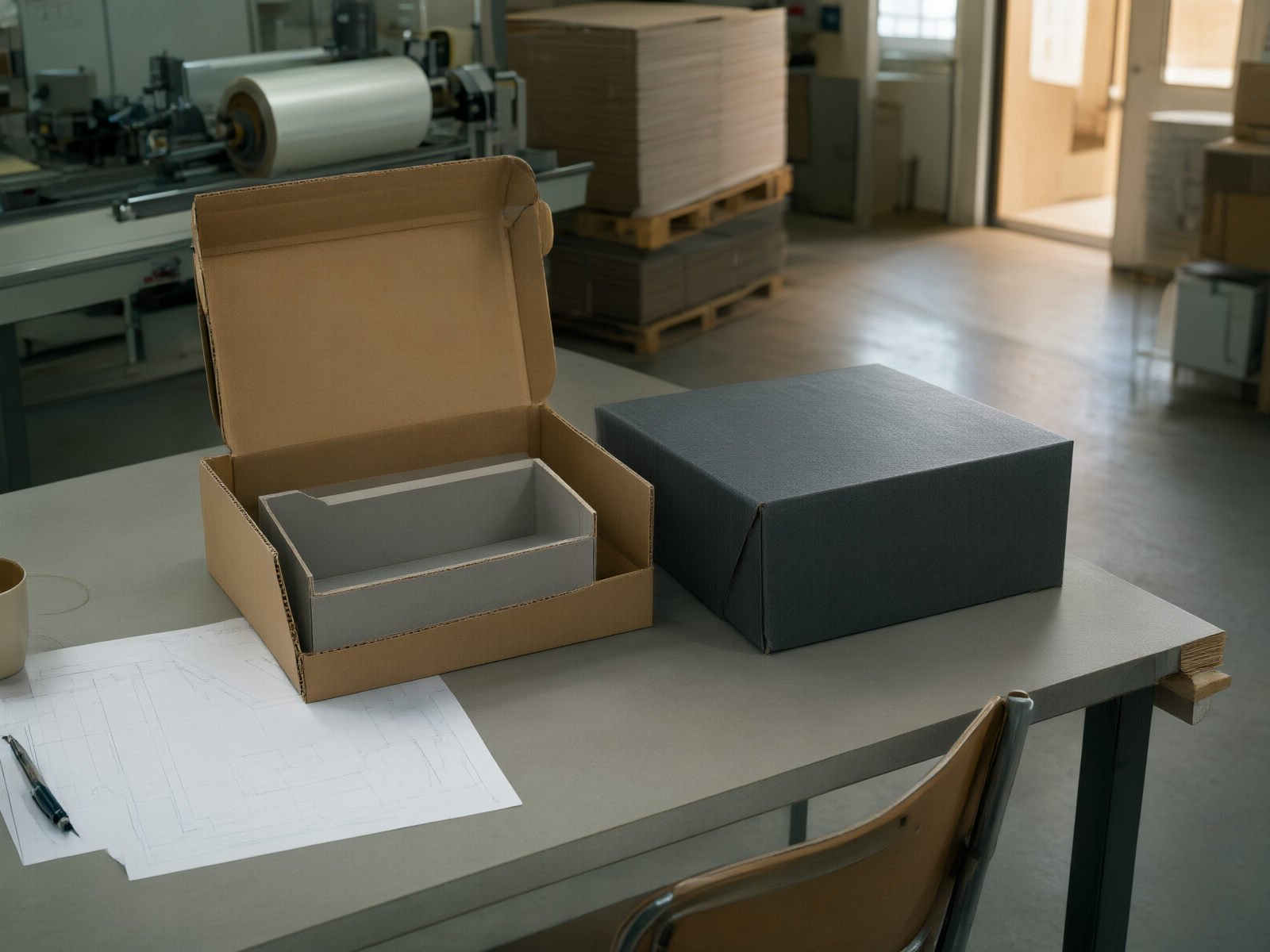 A corrugated mailer with a nested greyboard insert tray beside a closed rigid box on a spec review desk