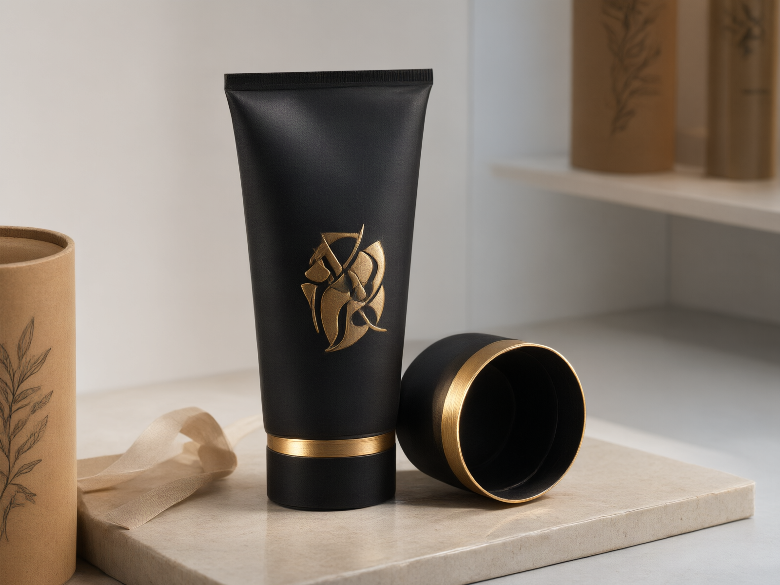 Luxury paper tube in matte black with embossed gold emblem and brushed-gold band