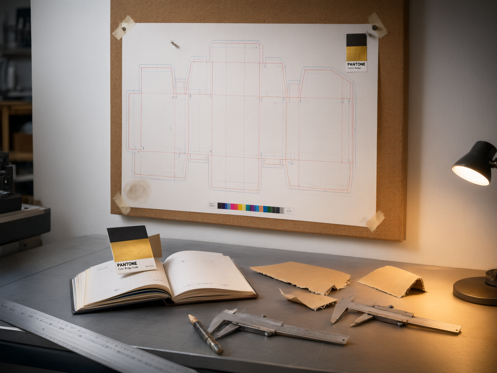 Dieline proof sheet pinned to a corkboard with Pantone swatch book and calipers on the worktable below