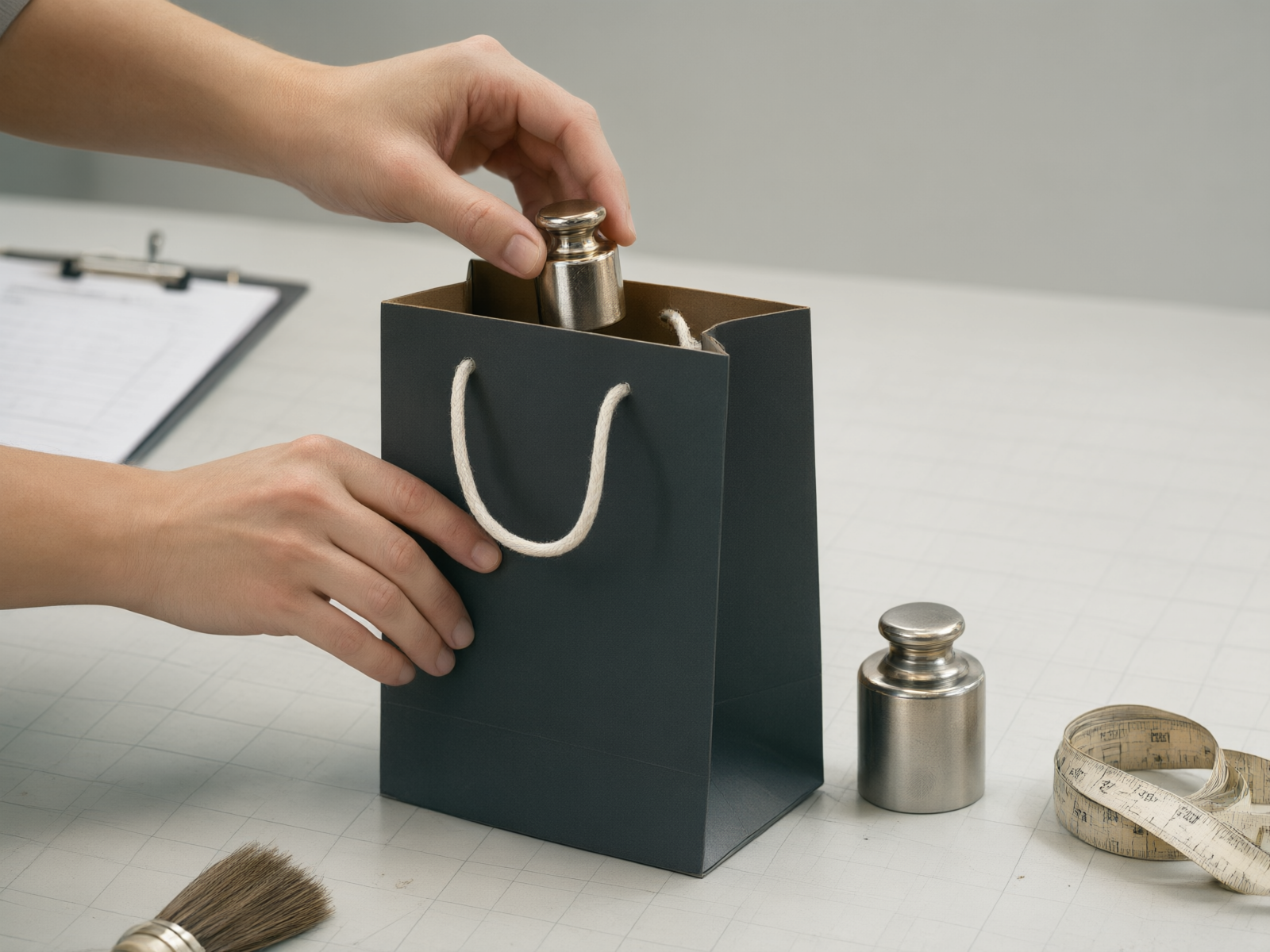 A quality-control technician’s hands lower a steel load-test weight into a finished paper shopping bag on an inspection bench