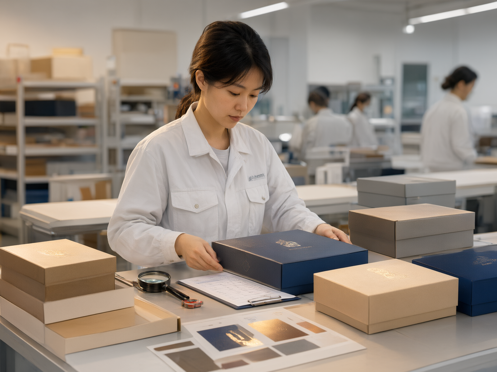 Quality control inspector examining finished custom packaging boxes at a clean inspection station
