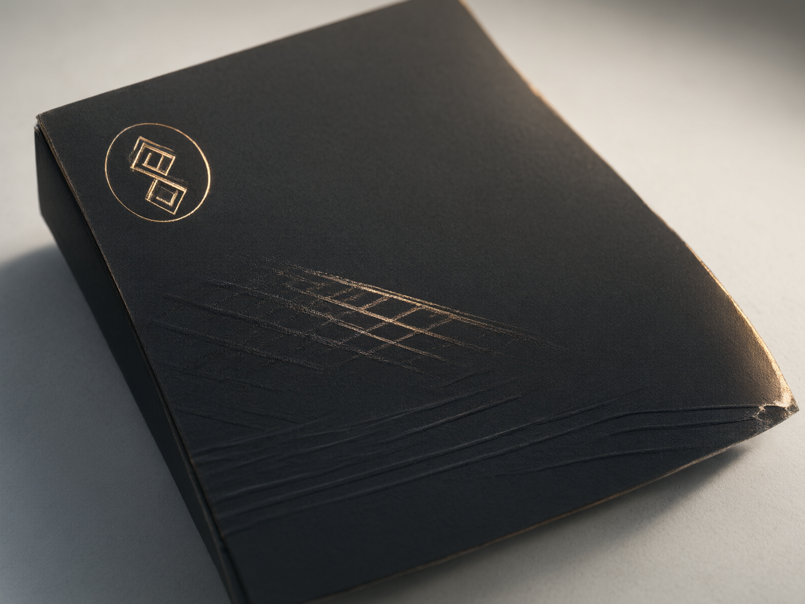 A macro close-up of a finished gift-box surface: soft-touch matte black laminate with a champagne-gold foil geometric monogram in the upper corner, a spot-UV gloss pattern crossing the mid-line, and embossed relief running along the lower third.