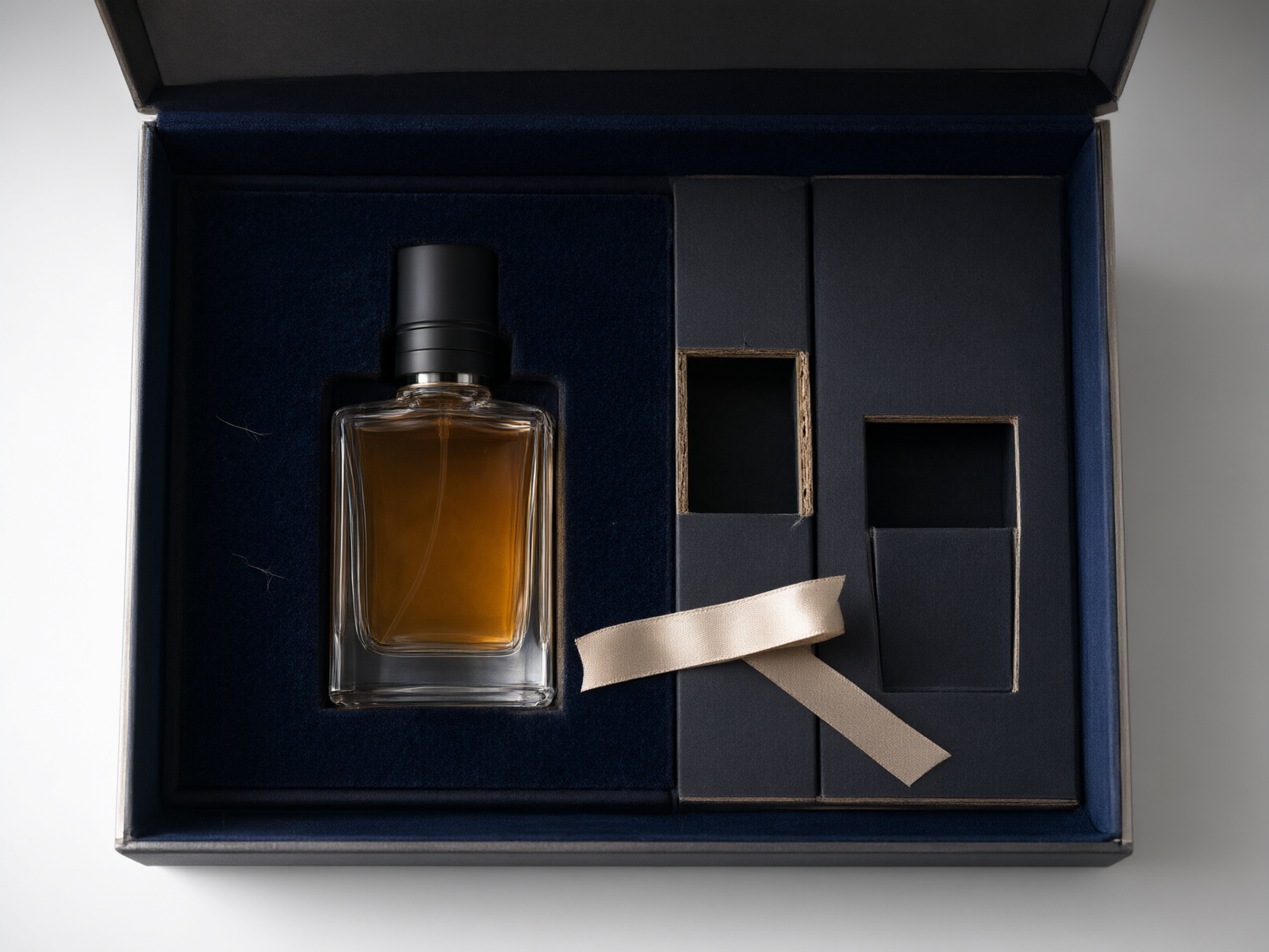 Overhead interior view of the rigid box with a flacon cradled in a flocked insert pocket