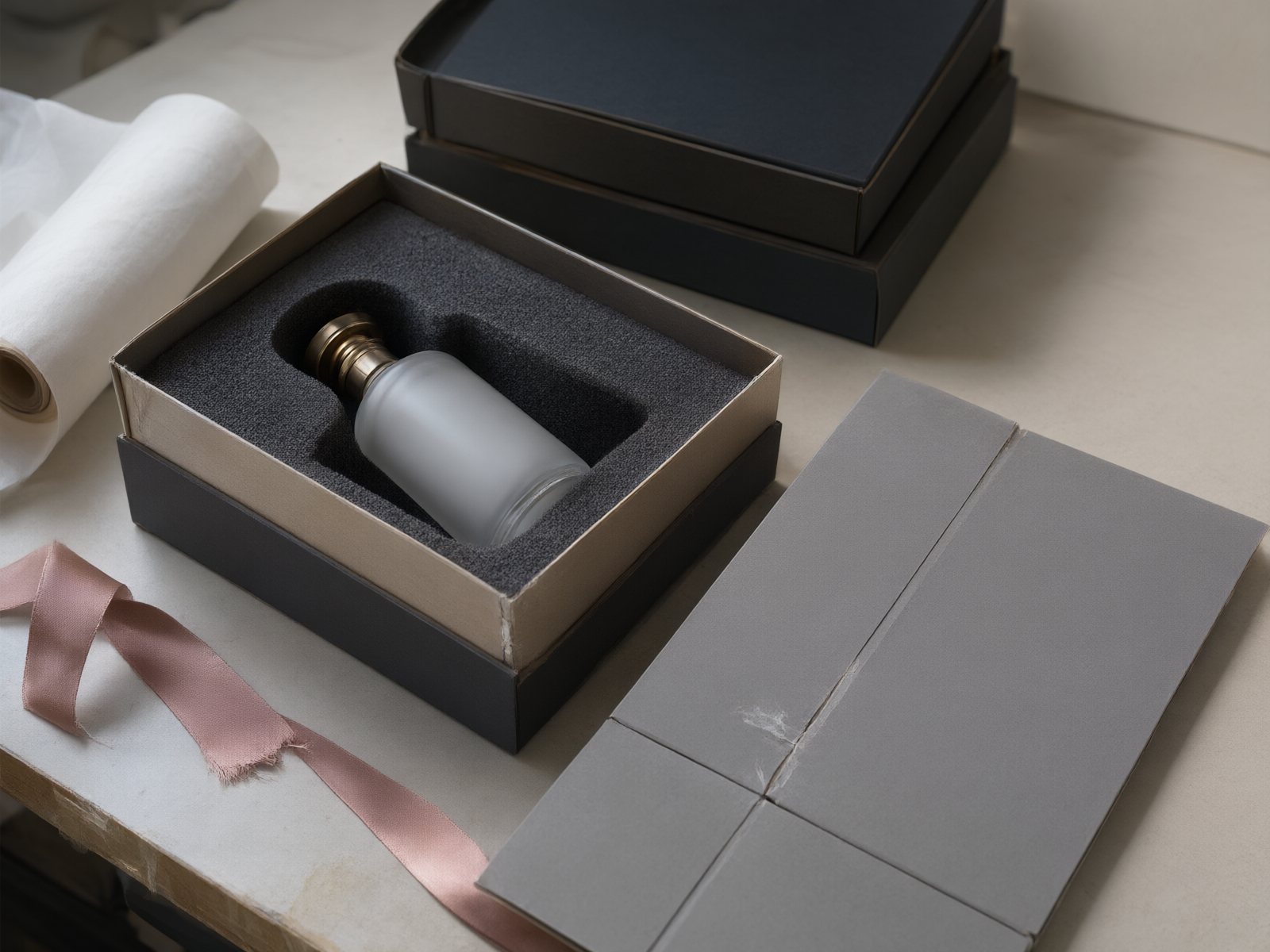 An open rigid box with a flocked foam insert and a blank flacon in its pocket, alongside a folded flat-packed rigid panel and a ribbon offcut