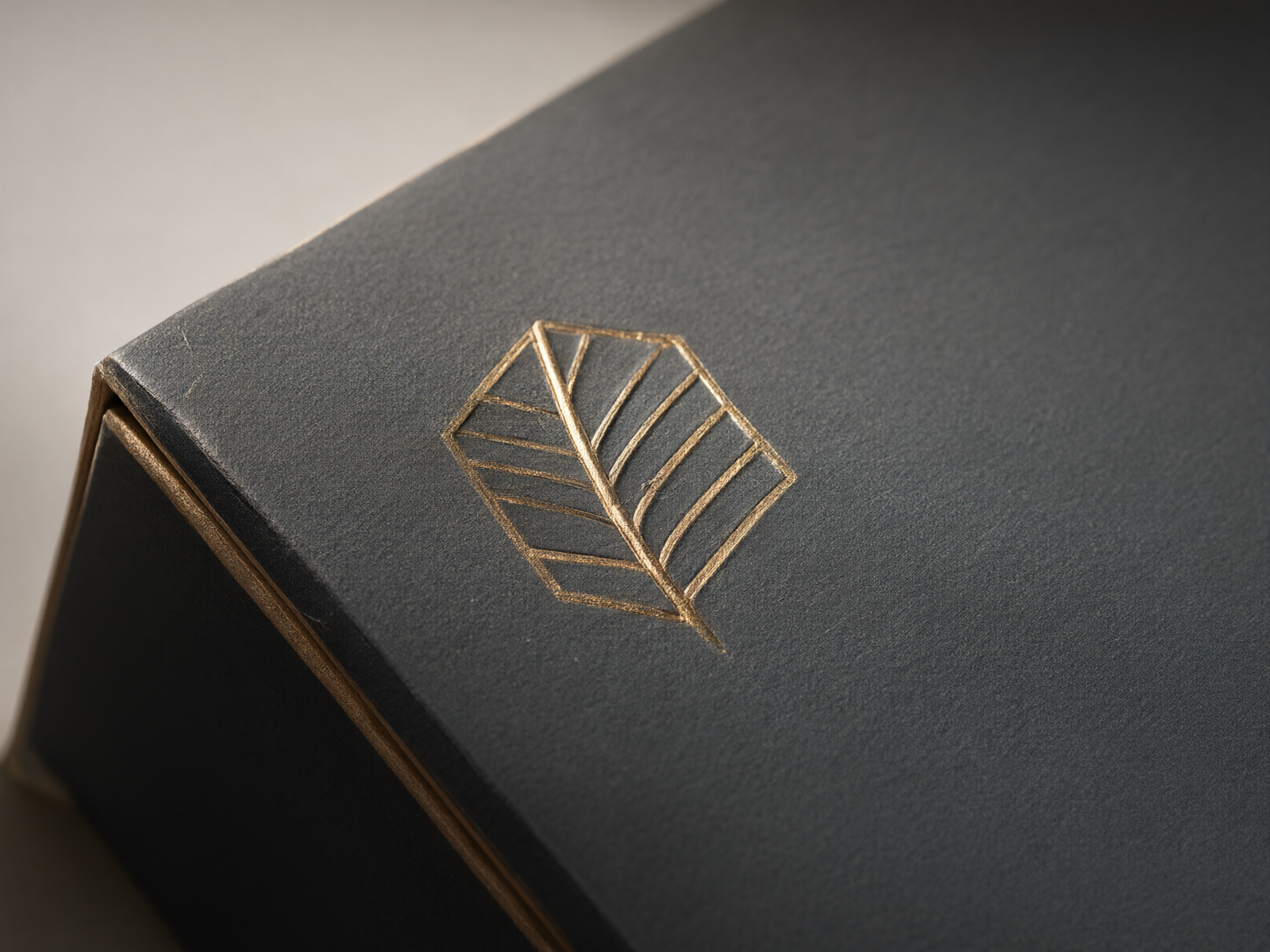 Macro detail of a gold foil-stamped blind emboss on a soft-touch laminated box surface, with the turned wrap and glued board edge at the left
