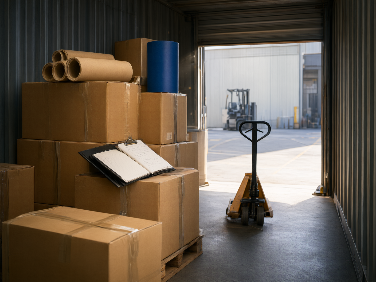 Export cartons of finished custom paper tubes stacked in a shipping container at a loading dock