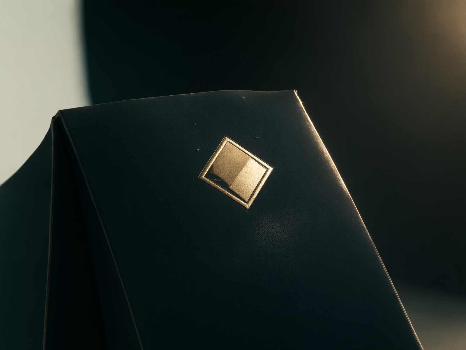 Macro of a hot-foil gold emblem pressed into a matte black soft-touch bag surface