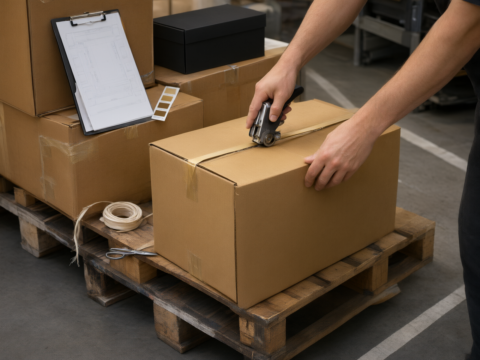 Hands tensioning a strap across a closed export carton on a pallet