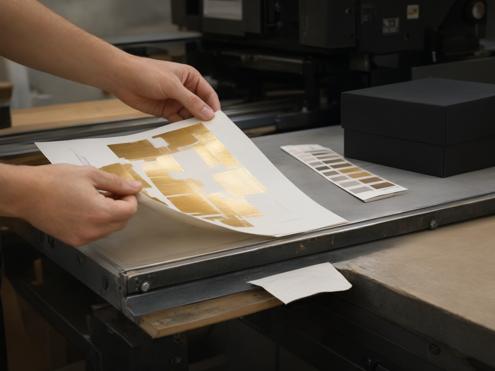 Hands lifting a freshly foil-stamped sheet off the press delivery table for inspection