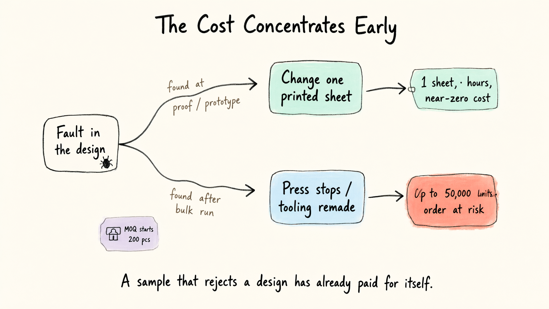A fault caught at proof or prototype costs one sheet; caught after a bulk run it costs the press, the tooling, and the order