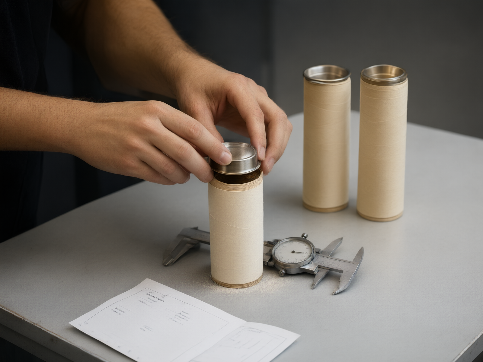 Hands fitting a lid onto a sample tube with a dial caliper on the inspection table